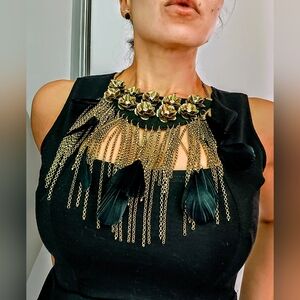 Gold and Black Cascading Feather Necklace